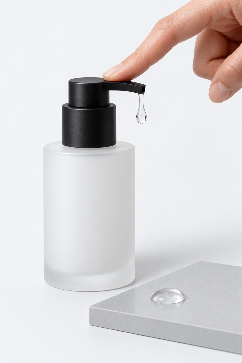 A finger pressing the graphite pump of a frosted white skincare bottle above a small drop of gel