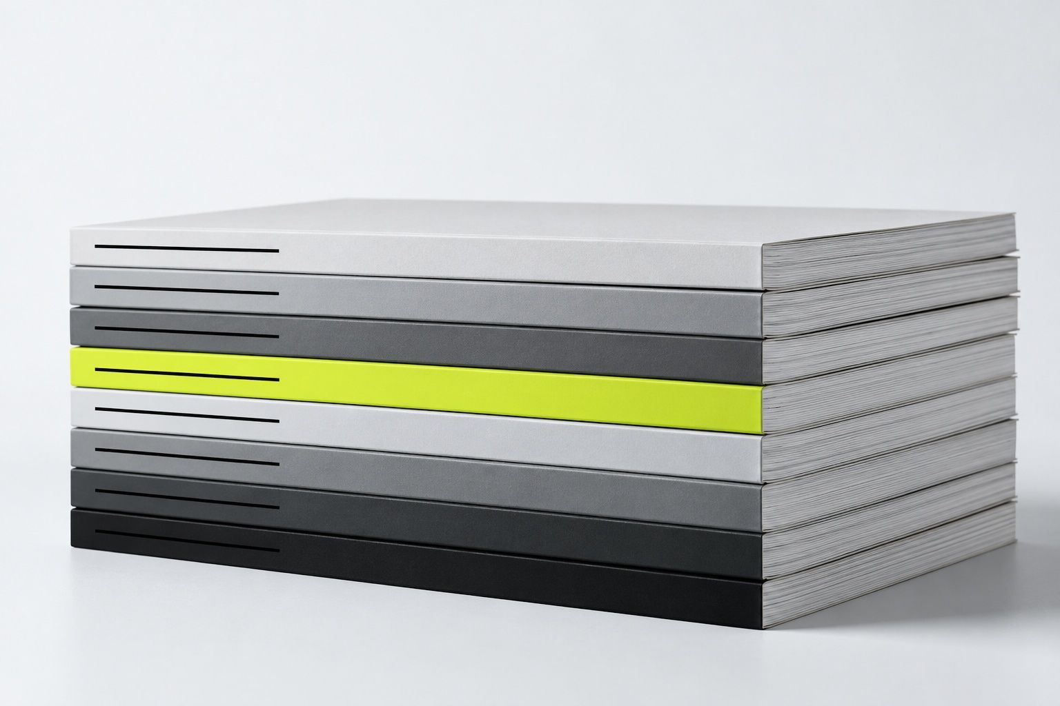 A stack of eight magazines seen from the spines, greys and graphite with one acid lime spine