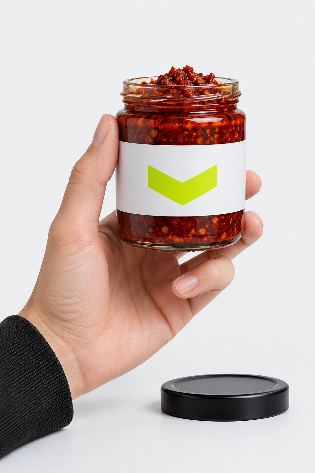 A hand holding an open jar of red chilli paste with a plain white band and an abstract chevron